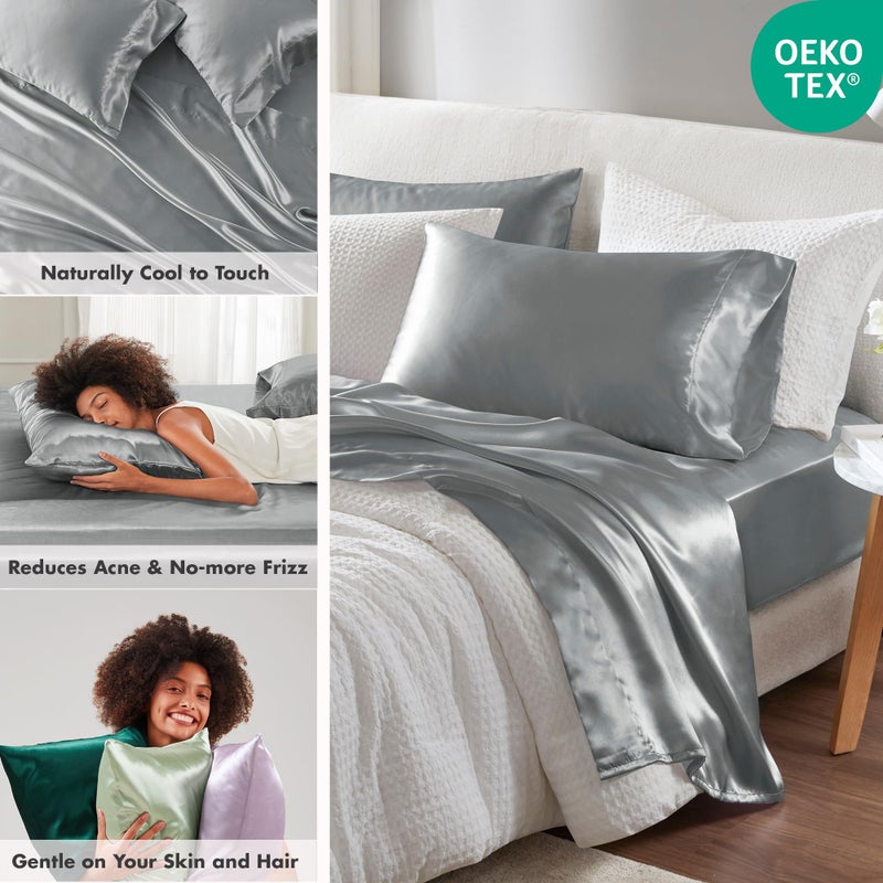 Madison Park Essentials Satin Sheet Set Luxury and Silky with Natural Sheen, Elastic 14" Pocket fits up to 16" Mattress, All Around Elastic - Year-Round Bedding, King, Grey, 6 Piece - Image 2